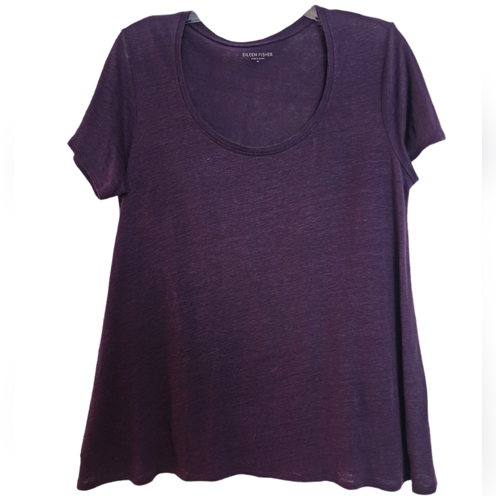EILEEN Fisher Purple Linen scoop neckline short sleeve top  SZ Medium